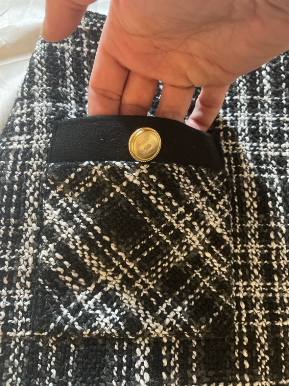 Forever 21 Black White Tweed Mini Skirt Plaid Gold Button Pocket Lined Size L - Picture 9 of 9